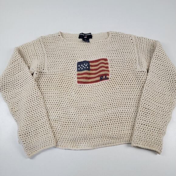 Ralph Lauren Sweaters - Vintage Polo Sport Ralph Lauren Crochet Knit USA Flag Sweater Women's Sz Medium